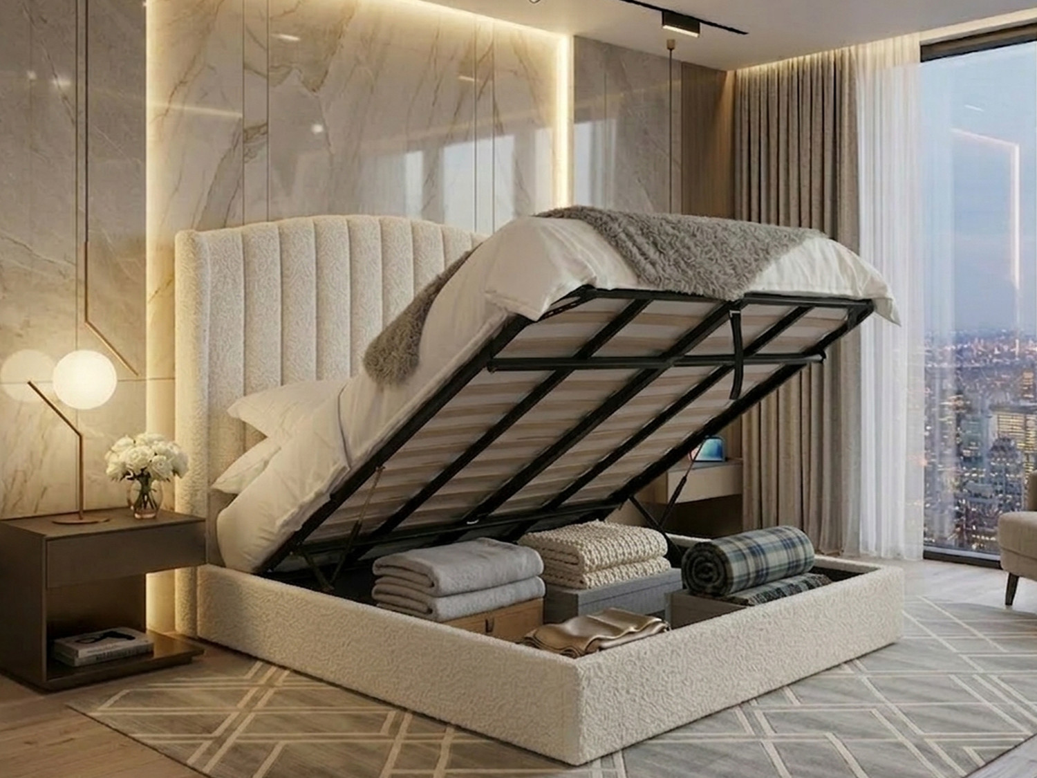 White boucle fabric Jimena Ottoman Bed with the mattress lifted, revealing a spacious under-bed storage area with solid base boards.